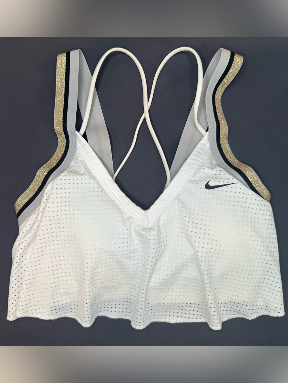 Nike Glam Dunk Strappy Back Sports Bra White Gold Mesh Dri-FIT Small